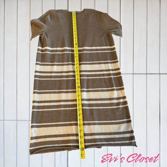 Tahari Long Cardigan 100% Extra Fine Merino Wool Size L Brown & Cream - Picture 3 of 7